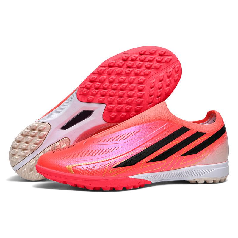 Laceless Slip-On TF Turf Soccer Cleats, Stretch Knit Sock Collar Micro Rib Synthetic Football Boots, Gradient Three Stripes Lightweight Training Athletic Shoes for Indoor Hard Courts & Short Artificial Turf-zusheng2722