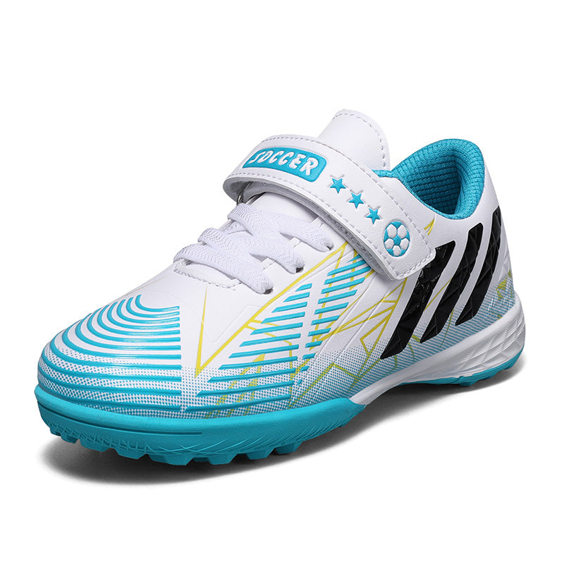 TF Turf Soccer Cleats, Hook-and-Loop Strap Easy-On Geometric Gradient Synthetic Leather Three Stripes Football Shoes, Non-Marking Pyramid Short Rubber Training Cleats for Children Indoor Hard Courts & Short Artificial Turf-junhao-WH2288