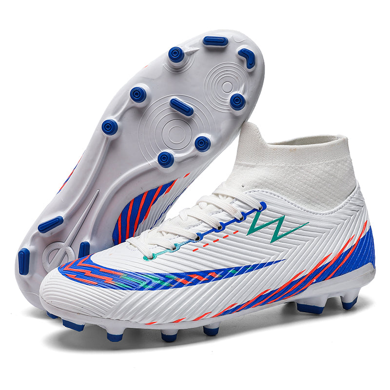 AG Soccer Cleats, Sock‑Collar High‑Ankle Lace‑Up Artificial Grass Football Boots, Diagonal Stripe Textured Upper AG‑Stud Soccer Shoes for Adult & Youth Outdoor Synthetic Turf Training & Competition, Multi‑Color Options-xile791