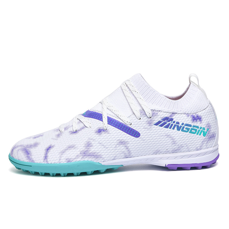 TF Turf Soccer Cleats, Mid-Top Knit Football Shoes, Gradient Mesh & Abstract Print Anti-Slip Training Sneakers for Artificial Turf-Hxh2515F