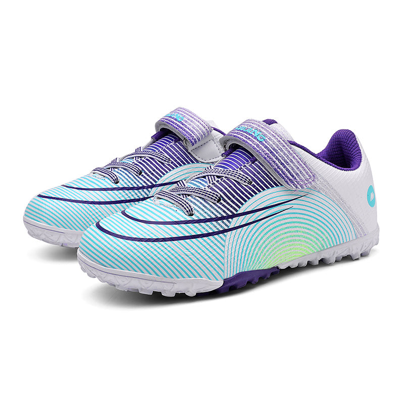 Turf Soccer Cleats, Single Velcro Easy-On Hidden Elastic Laces Woven Grid Synthetic Football Boots, Curved Gradient Streamline M Circle Logo Lightweight Youth Training Athletic Shoes for Indoor Hard Courts & Short Artificial Turf-zusheng6192