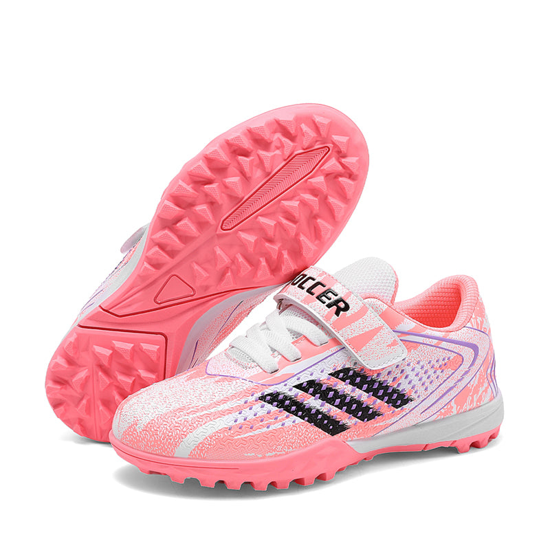 Kids TF Turf Soccer Cleats, Hook-and-Loop Strap Easy-On Dotted Camo Three Stripes Synthetic Leather Football Shoes, Non-Marking Short Pyramid Rubber Training Cleats for Children Indoor Hard Courts & Short Artificial Turf-zusheng5988