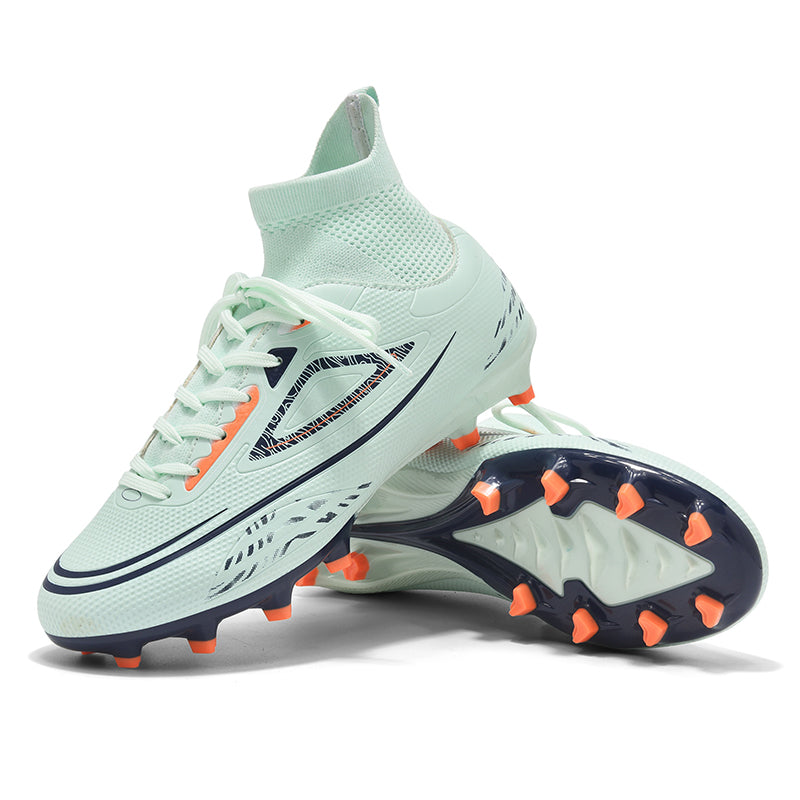 Artificial Grass Soccer Cleats, High-Top Knit Football Shoes, Breathable Anti-Slip Athletic Boots with Geometric Print for Synthetic Turf-Hxh2601