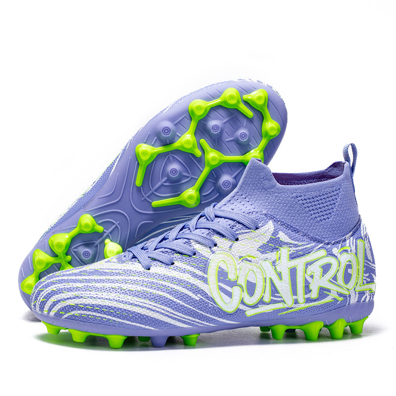 Men's AG Artificial Grass Soccer Cleats, High-Top Graffiti "CONTROL" Print Football Shoes, Anti-Slip Athletic Boots for Synthetic Turf-Hxh091