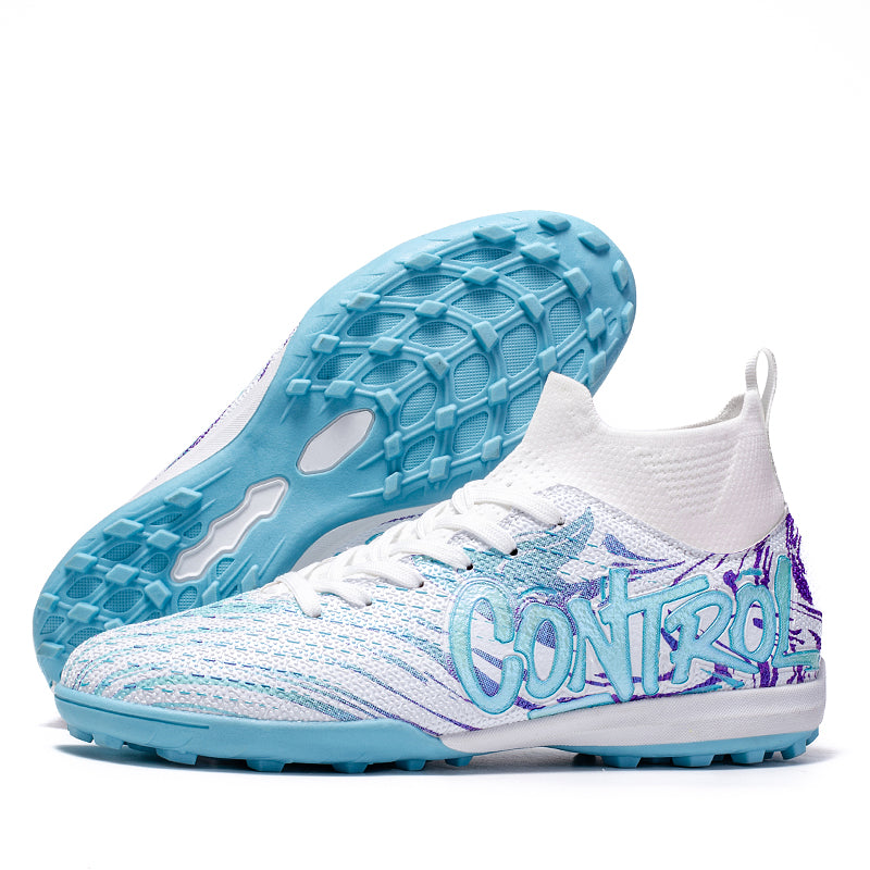 Men's TF Turf Soccer Cleats, High-Top Knit Football Shoes, Graffiti "CONTROL" Print Anti-Slip Training Sneakers for Artificial Turf-Hxh091-1