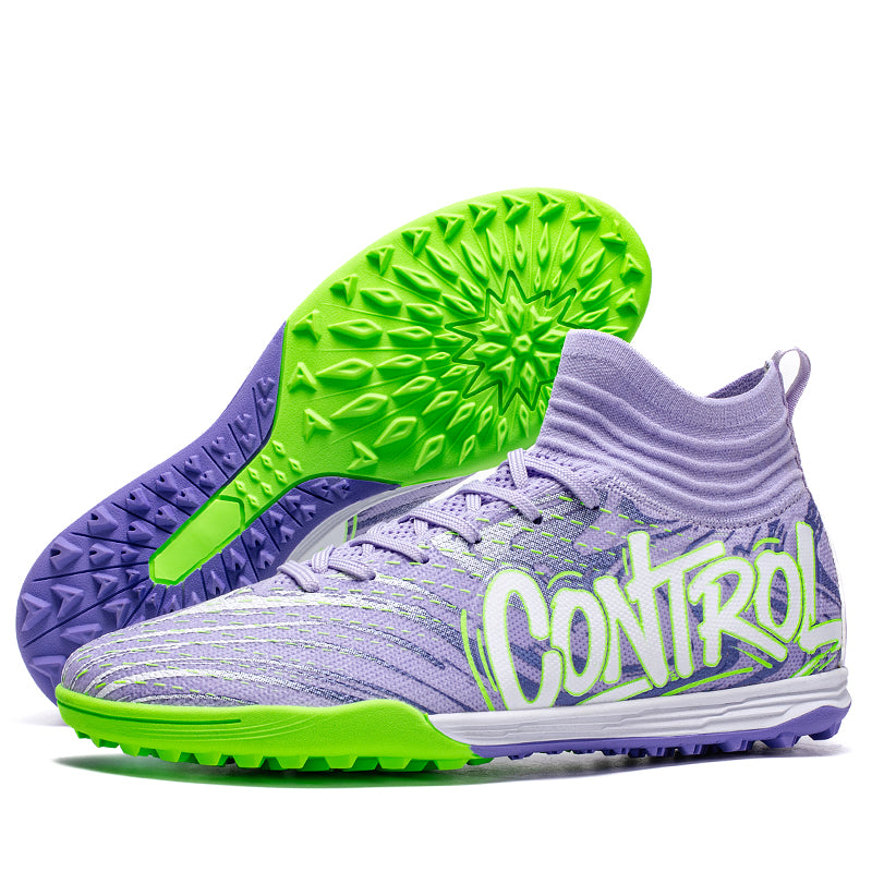 Turf Soccer Cleats, High-Top Knit Football Shoes, Graffiti "CONTROL" Print Anti-Slip Training Sneakers for Artificial Turf-Hxh788G-1