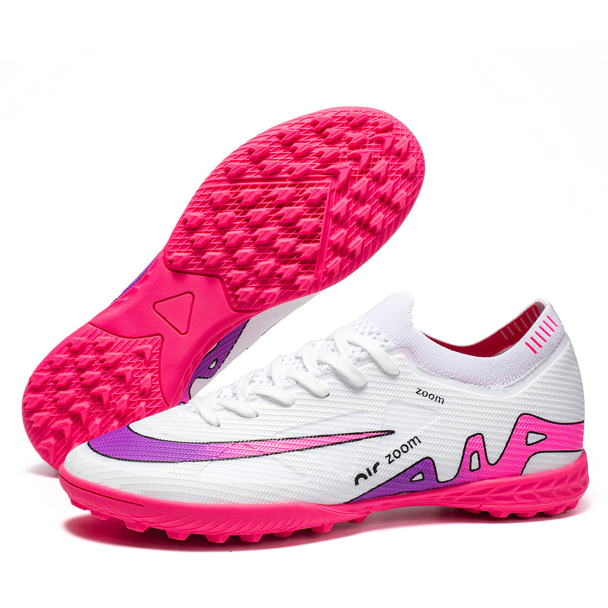 Low Sock Knit TF Turf Soccer Cleats, Lace-Up Woven Mesh Air Zoom Printed Football Boots, Contrast Swoosh & Abstract Geometric Heel Graphic Lightweight Training Shoes for Indoor Hard Courts & Short Artificial Turf-zusheng198S