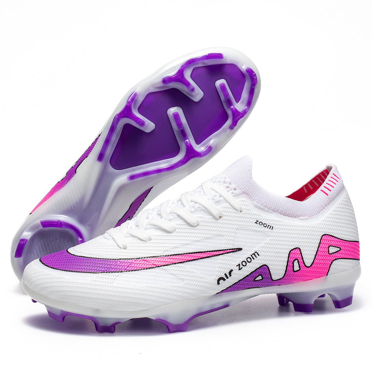 Low Sock Knit AG Soccer Cleats, Lace-Up Breathable Woven Mesh Air Zoom Printed Football Boots, Contrast Swoosh Abstract Geometric Heel Graphic Lightweight Competition Cleats for Outdoor Long-Blade Artificial Turf Matches-zusheng198C