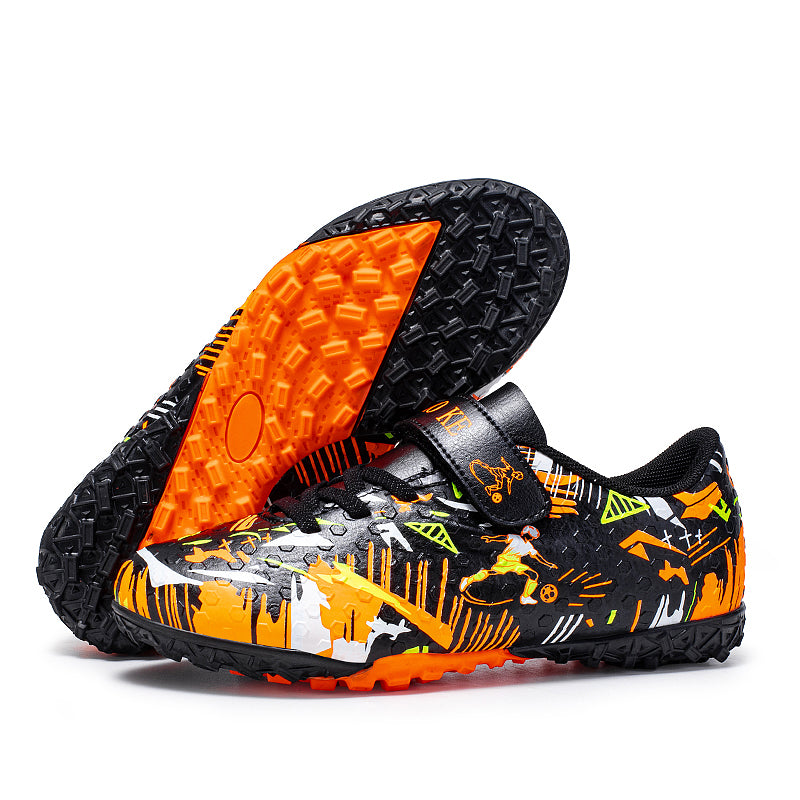 Turf Soccer Cleats, Hook and Loop Strap Easy On Cartoon Football Player Graffiti Print Football Shoes, Non-Mapping Grid Rubber Training Cleats for Children Indoor Courts & Short Artificial Turf-Hxh-K01
