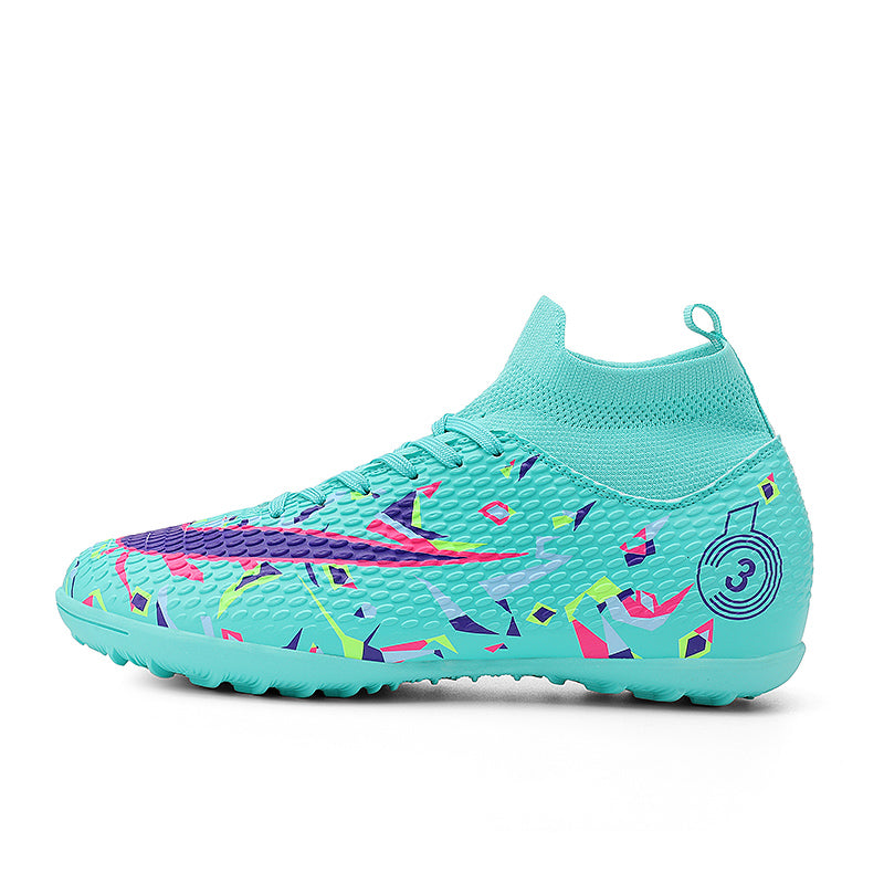 TF Turf Soccer Cleats, High-Top Knit Football Shoes, Non-Slip Geometric Print Athletic Sneakers for Artificial Turf-Yinzu905-1
