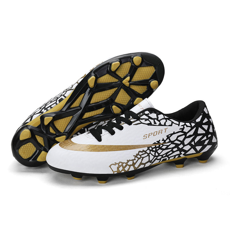 Low Cut AG Soccer Cleats, Lace-Up Wavy Embossed Synthetic Football Boots, Cracked Fragment Geometric Graphic SPORT Letter Logo Lightweight Competition Athletic Shoes for Outdoor Long-Blade Artificial Turf Matches-zusheng001