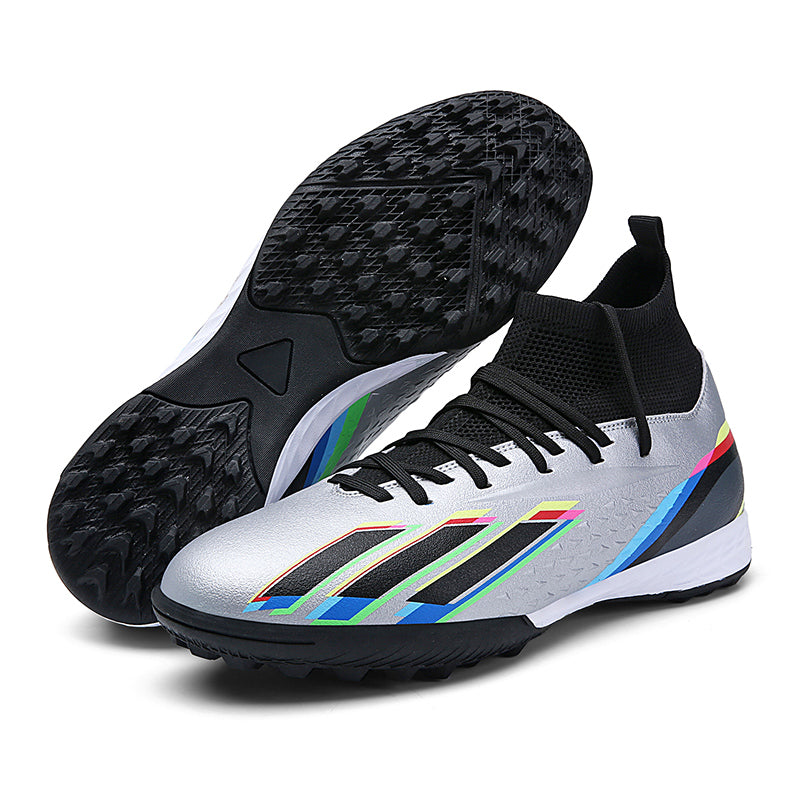 Youth High Sock Collar TF Turf Soccer Cleats, Lace-Up Embossed Dot Synthetic Leather Rainbow Three Stripes Graphic Football Shoes, Non-Marking Square Pyramid Short Rubber Training Cleats for Indoor Hard Courts & Short Artificial Turf-ysxd2366