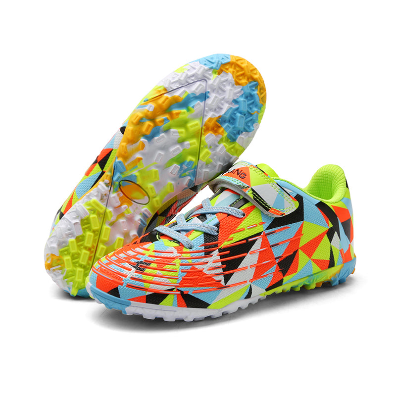TF Turf Soccer Cleats, Single Velcro Easy-On Hidden Elastic Laces Synthetic Football Boots, Colorful Geometric Triangle Mosaic Graphic Lightweight Youth Training Athletic Shoes for Indoor Hard Courts & Short Artificial Turf-zusheng6193