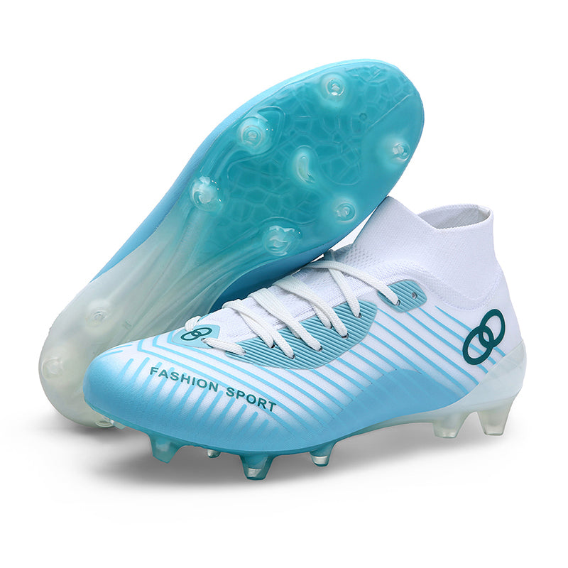 High Sock AG Soccer Cleats, Lace-Up Gradient Linear Stripe Synthetic Football Boots, Double Ring Logo Lightweight Speed Athletic Shoes for Outdoor Long-Blade Artificial Turf Competitive Matches-zusheng-X806-1