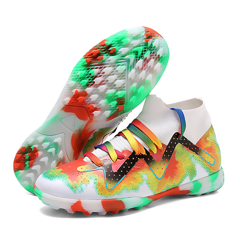 Hight Sock TF Turf Soccer Cleats, Rainbow Gradient Laces Tie-Dye Synthetic Football Boots, Wavy Dot Graphic Lightweight Training Athletic Shoes for Indoor Courts & Short Artificial Turf-zushneg-X807