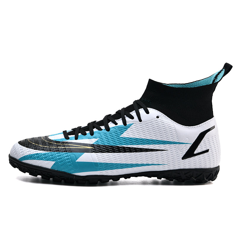 High Ankle Sock TF Turf Soccer Cleats, Lace-Up Grid Textured Synthetic Leather Lightning Arrow Graphic Football Boots, Non-Marking Dense Spike Rubber Training Shoes for Indoor Hard Courts & Short Artificial Turf-xinma2177-1