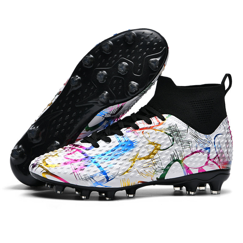 Professional Soccer Cleats AG High-Top Football Boots,Colorful Graffiti Design, Athletic Outdoor Competition Football Shoes with High-Grip Rock-Texture Upper and Supportive Ankle Sock Liner-WEJIESS2704