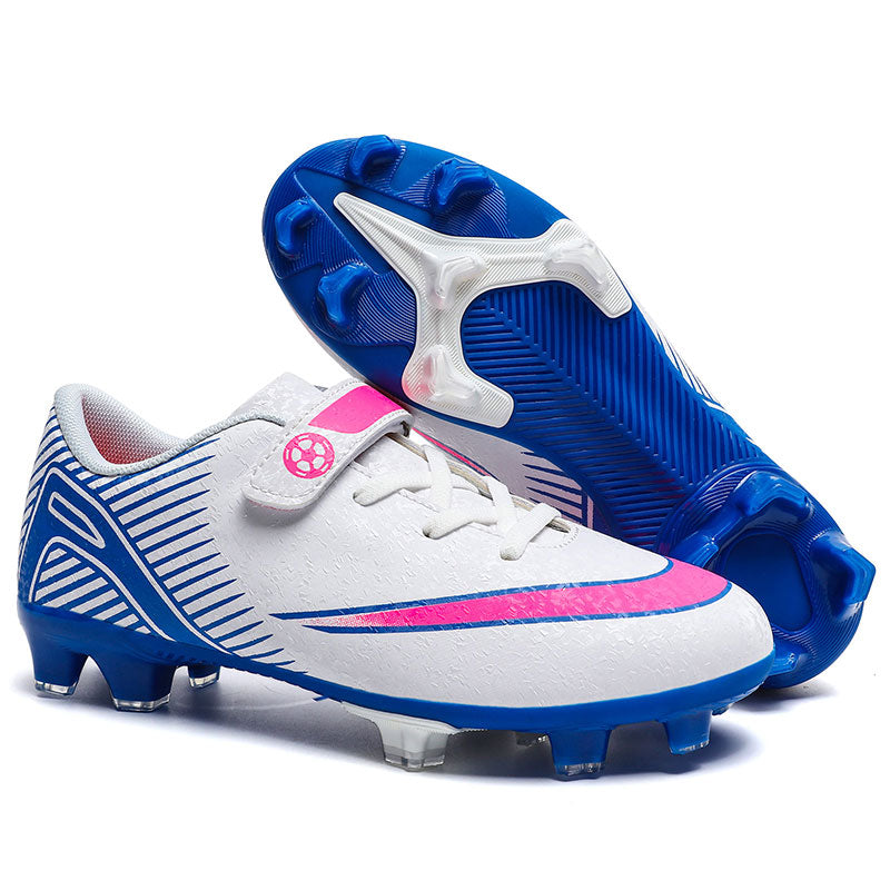 Kids AG Soccer Cleats, Hook and Loop Velcro Strap Synthetic Football Boots, Gradient Linear Stripe Graphic Youth Athletic Shoes for Outdoor Long-Blade Artificial Turf Matches-zusheng246