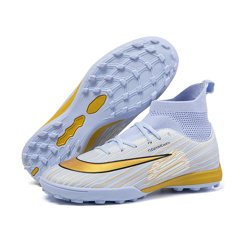Turf Soccer Cleats, Mid-Top Sock Ankle Football Shoes with Gradient Swoosh Wave Line Print, Breathable Ribbed Athletic Boots for Indoor Courts Artificial Turf-zushengA561