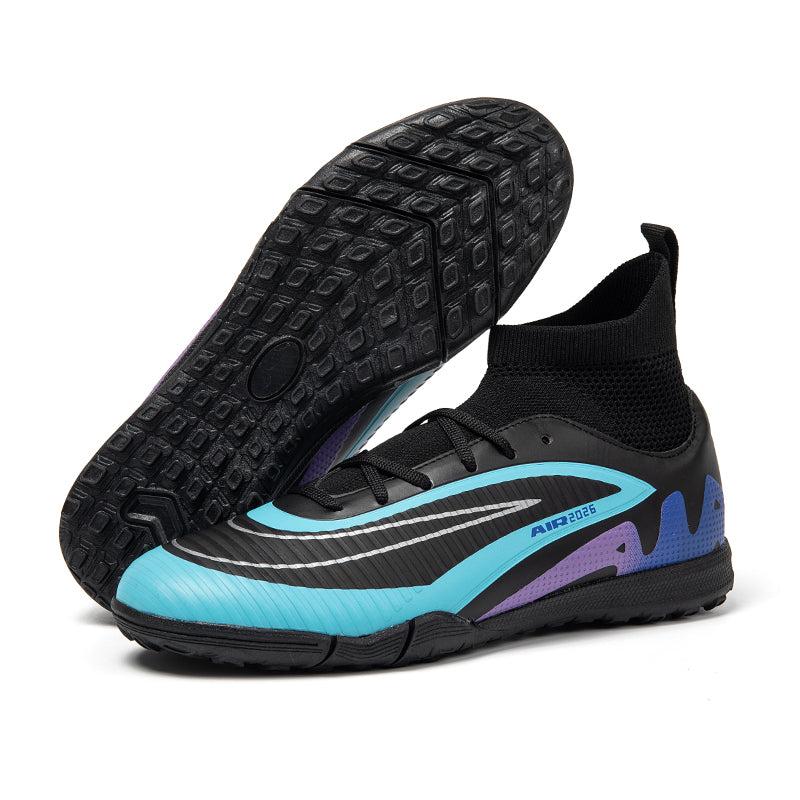 Hight Knit Collar TF Turf Soccer Cleats, Lace-Up Vertical Rib Synthetic Football Boots, Gradient AIR2026 Letter Print Lightweight Training Athletic Shoes for Indoor Hard Courts & Short Artificial Turf-zusheng-A563