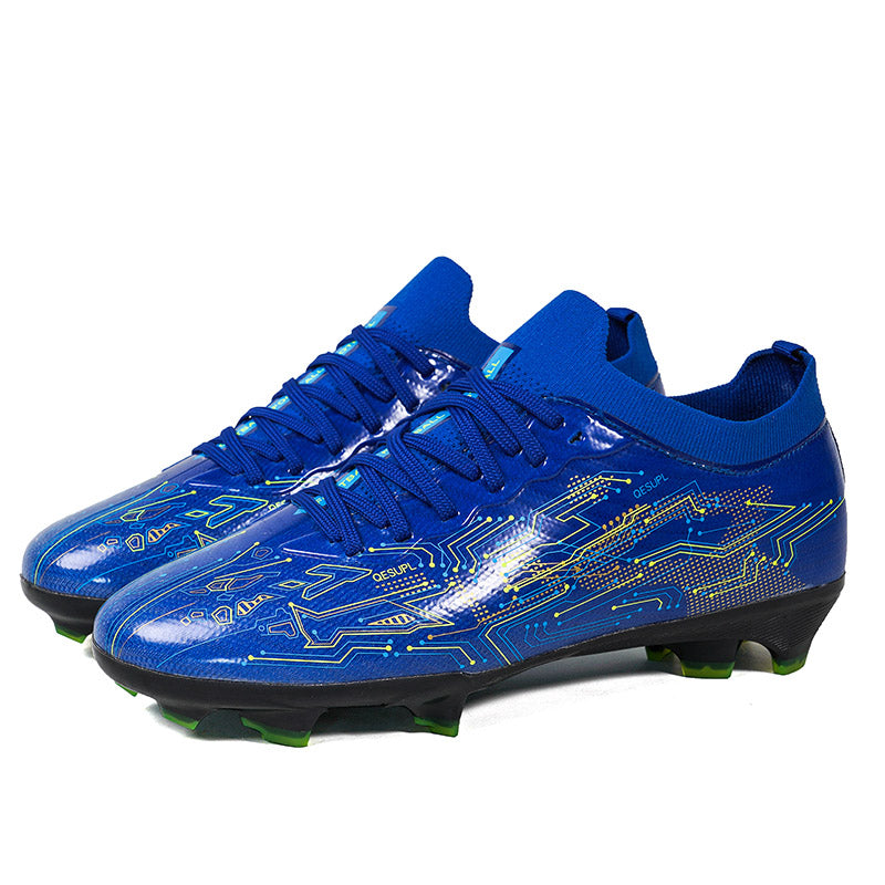 AG Soccer Cleats, Sock‑Collar High‑Ankle Lace‑Up Artificial Grass Football Boots, Circuit‑Board Tech Print Glossy Upper AG‑Stud Soccer Shoes for Adult & Youth Outdoor Synthetic Turf Training & Competition-xile2033