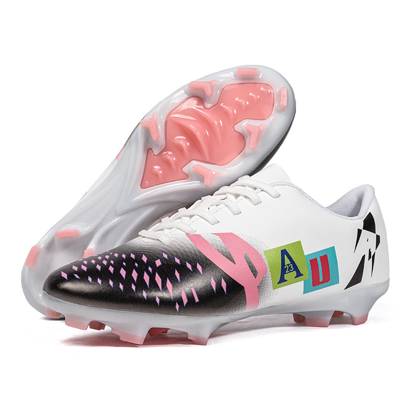 Adult AG Artificial Grass Soccer Cleats, Low-Top Lace-Up Gradient Gloss Football Boots, Diamond Dot Friction Print Color Block Letter Graphic Athletic Shoes for Outdoor Long-Blade Synthetic Turf Matches-zusheng3245