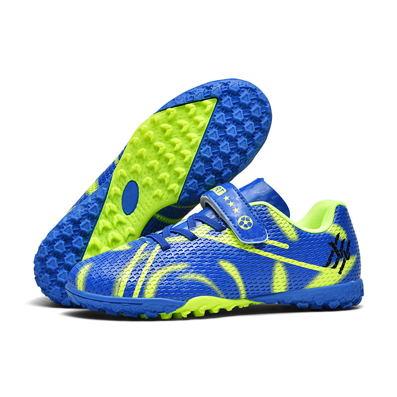 TF Turf Soccer Cleats, Hook-and-Loop Strap Easy-On Honeycomb Mesh Wave Graffiti Football Shoes, Non-Marking Dual-Color Pyramid Rubber Training Cleats for Children Indoor Courts & Short Artificial Turf-zusheng-ZJ885-1