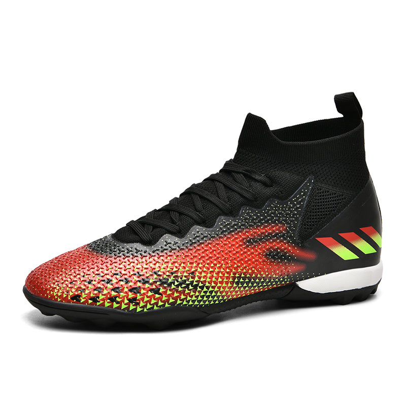 Youth High Sock Collar TF Turf Soccer Cleats, Lace-Up Gradient Triangle Textured Knit Three Stripes Graphic Football Shoes, Non-Marking Square Pyramid Rubber Training Cleats for Indoor Hard Courts & Short Artificial Turf-junhao98K