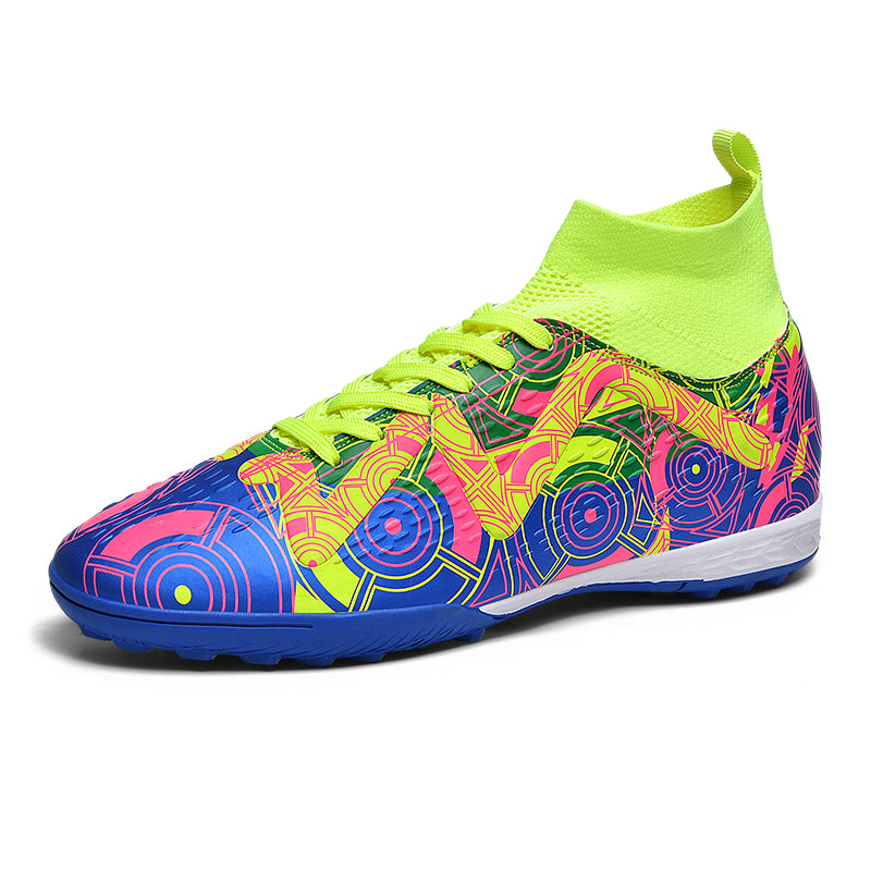 TF Turf Soccer Cleats, Sock‑Collar High‑Ankle Lace‑Up Turf Football Boots, Geometric Graffiti Print Upper TF‑Stud Soccer Shoes for Adult & Youth Artificial Turf Training & Competition, Multi‑Color Options-xile600