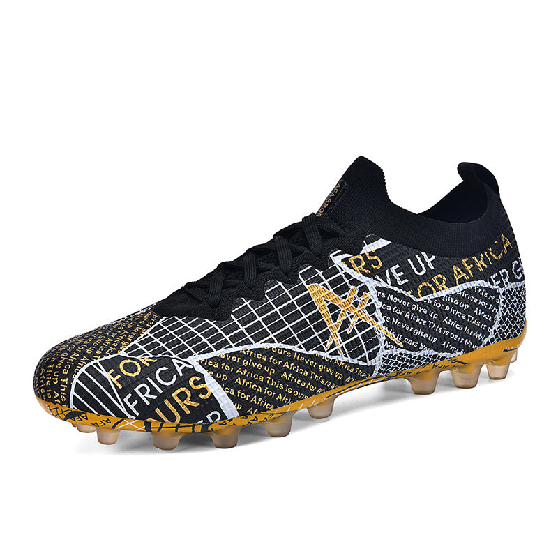 Sock Collar AG Soccer Cleats, Lace-Up Grid Woven Knit Motivational Text Graffiti Print Football Boots, Transparent Gradient Conical Hard Stud Professional Competition Cleats for Natural Grass & Long-Pile Artificial Turf-Zusheng2621