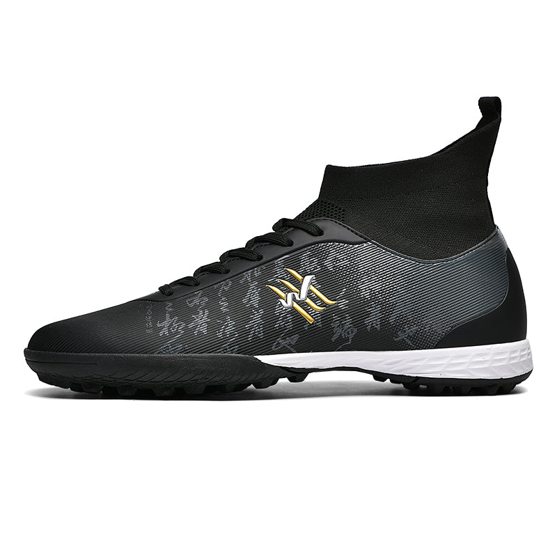 Turf Soccer Cleats, High-Top Chinese Calligraphy Print Football Shoes, Anti-Slip Training Sneakers for Artificial Turf-Hxh-ZJ883