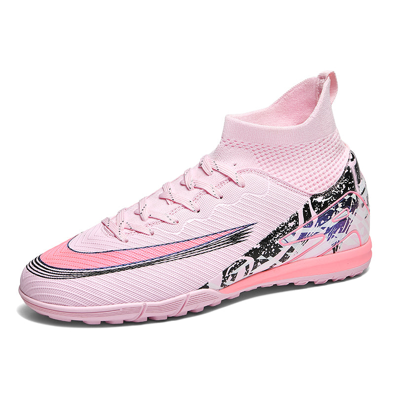 TF Turf High Sock Ankle Soccer Cleats, Lace-Up Textured Knit Football Shoes, Splash Graffiti Gradient Graphic Lightweight Athletic Boots for Indoor Courts & Short Artificial Turf Daily Training-801A-1