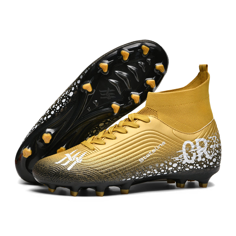 Youth High Sock Collar AG Soccer Cleats, Lace-Up Gradient Speckle Wavy Line Knit Football Boots, Transparent Conical Hard Stud Professional Competition Cleats for Natural Grass & Long-Pile Artificial Turf-ysxd-ZJ887