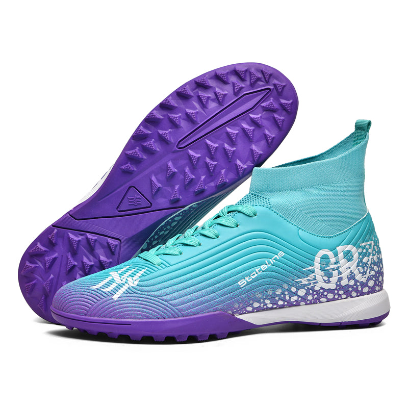Youth High Sock Collar TF Turf Soccer Cleats, Lace-Up Gradient Speckle Wavy Knit CR7 Graphic Football Shoes, Non-Marking Block Short Rubber Training Cleats for Indoor Hard Courts & Short Artificial Turf-ysxd-ZJ887