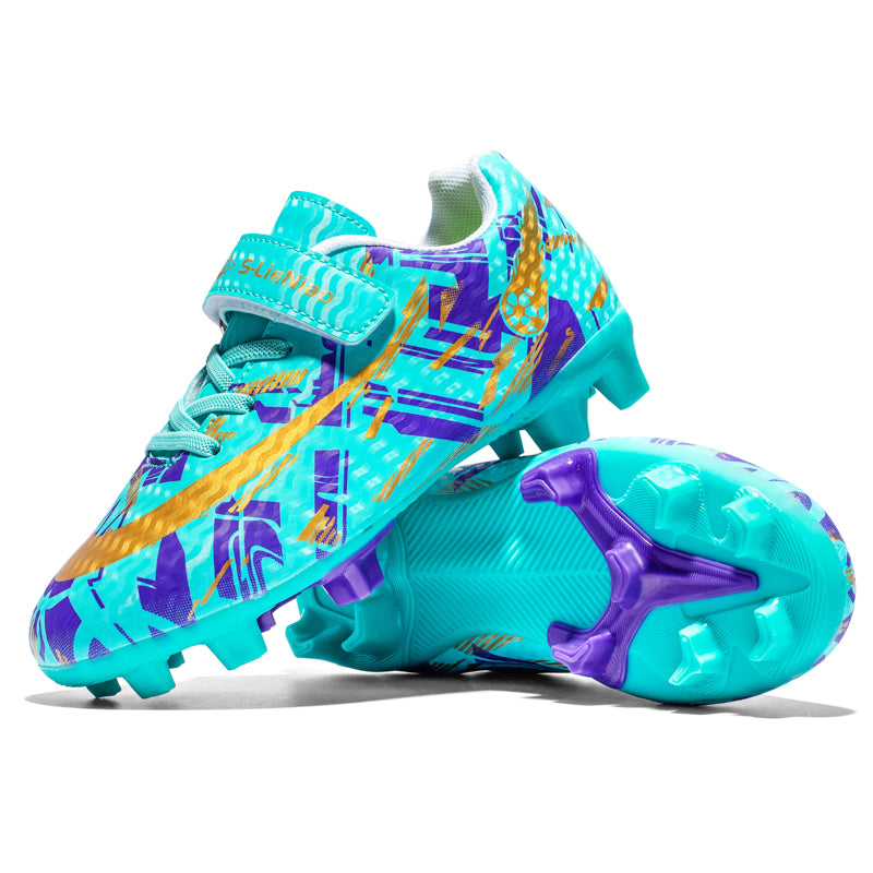 Artificial Grass Soccer Cleats with Hook-and-Loop Strap, Abstract Graffiti Print Football Boots, Youth Artificial Ground Training Sneakers-Yinzu-H357
