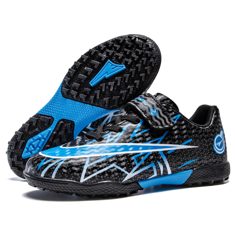 TF Turf Soccer Cleats, Velcro Easy-On Hidden Elastic Laces Wavy Texture Synthetic Football Boots, Geometric Arrow Graphic Circular Logo Lightweight Youth Training Shoes for Indoor Hard Courts & Short Artificial Turf-zusheng--X2512-1