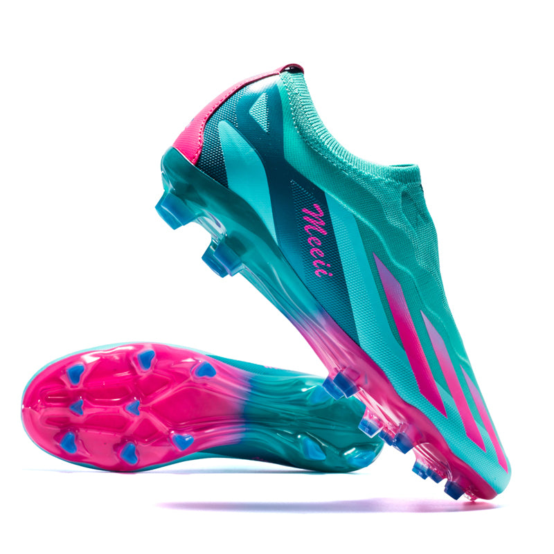 Laceless Slip-On AG Soccer Cleats, Gradient 3-Stripes Knit Sock Collar Synthetic Football Boots, Printed Lightweight Competition Athletic Shoes for Outdoor Long-Blade Artificial Turf Matches-zusheng2410-2