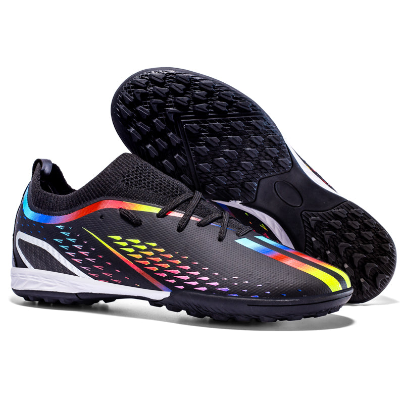 Low Knit Collar TF Turf Soccer Cleats, Lace-Up Breathable Woven Mesh Gradient Diamond Dot Football Boots, Rainbow Gradient Strip Lightweight Training Athletic Shoes for Indoor Hard Courts & Short Artificial Turf-zusheng2036-1