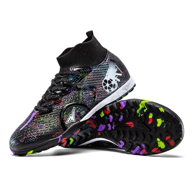 Turf Soccer Cleats, High-Top Knit Football Shoes, Colorful Graffiti Anti-Slip Training Sneakers for Artificial Turf-Hxh-X2506-3