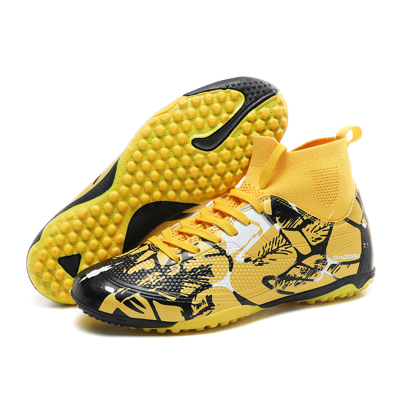 Turf Soccer Cleats with High-Top Knit Sock Collar, Graffiti Print Football Shoes, Non-Slip Training Sneakers for Artificial Turf-Yinzu 2802