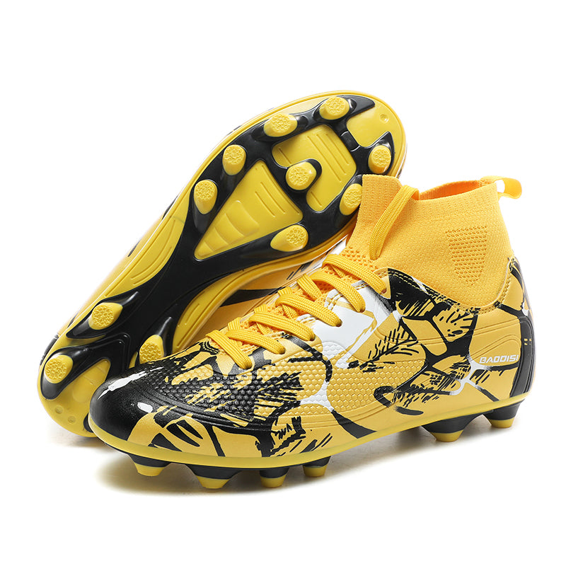 Artificial Grass Soccer Cleats with High-Top Knit Sock Collar, Graffiti Print Football Boots, Artificial Ground Training Sneakers-yinzu2802