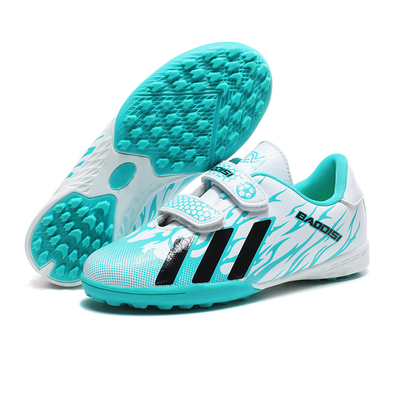 Kids TF Turf Soccer Cleats, Double Velcro Strap Synthetic Football Shoes, Flame Three Stripes Graphic Youth Training Athletic Boots for Indoor Courts & Short Artificial Turf-zusheng-X199