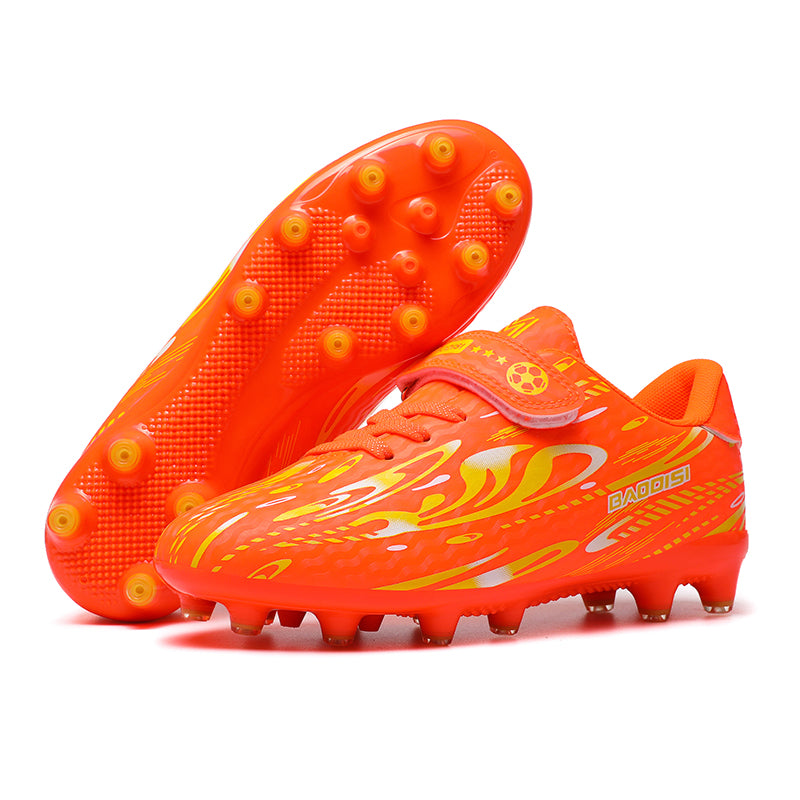 Artificial Grass Soccer Cleats with Hook-and-Loop Strap, Flame Print Breathable Football Boots, Youth Artificial Ground Training Sneakers-Yinzu189