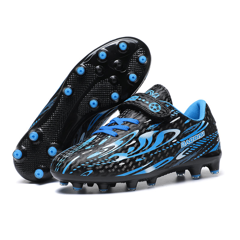 Kids ASoccer Cleats, Single Hook-and-Loop Velcro Strap Synthetic Football Boots, Dynamic Flame Streamline Graphic Youth Athletic Shoes for Outdoor Long-Blade Artificial Turf Competitive Matches-zusheng189M