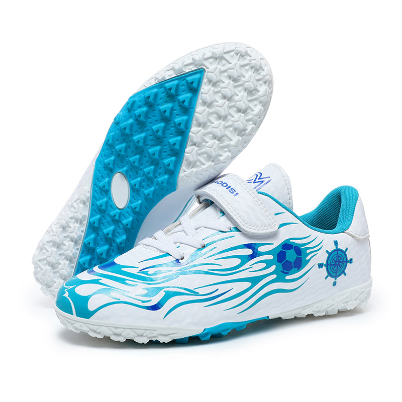 TF Turf Soccer Cleats, Velcro Strap Easy On Hidden Laces Synthetic Football Shoes, Flame Soccer Ball Compass Graphic Lightweight Youth Training Athletic Boots for Indoor Hard Courts & Short Artificial Turf-zusheng-X219-1