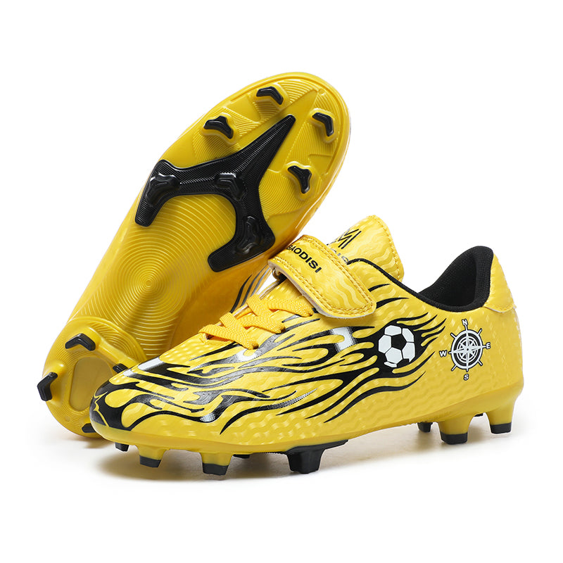 AG Soccer Cleats, Velcro Strap Easy-On Hidden Elastic Laces Synthetic Football Boots, Flame Soccer Ball Compass Graphic Lightweight Youth Competition Athletic Shoes for Outdoor Long-Blade Artificial Turf Matches-zusheng-X219