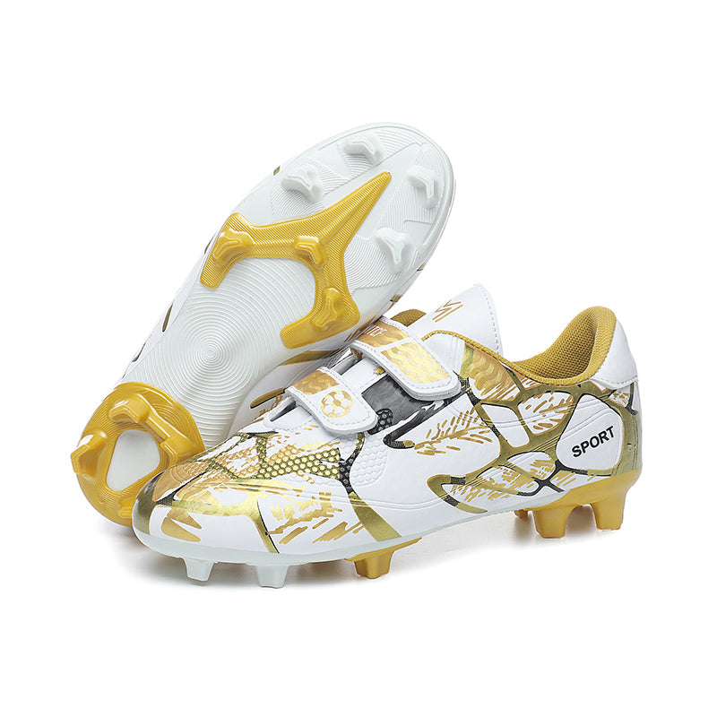 Soccer Cleats, Double Velcro Easy-On Synthetic Football Boots, Branch Metallic Texture Print SPORT Letter Lightweight Youth Competition Athletic Shoes for Outdoor Long-Blade Artificial Turf Matches-zusheng305