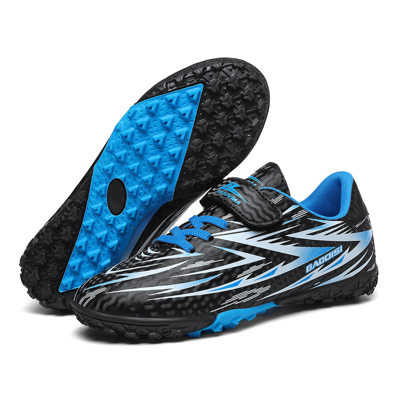 TF Turf Soccer Cleats, Velcro Easy-On Hidden Elastic Laces Wavy Ripple Synthetic Football Boots, Sharp Arrow Graphic BAODISI Logo Lightweight Youth Training Shoes for Indoor Hard Courts & Short Artificial Turf-zusheng196-1