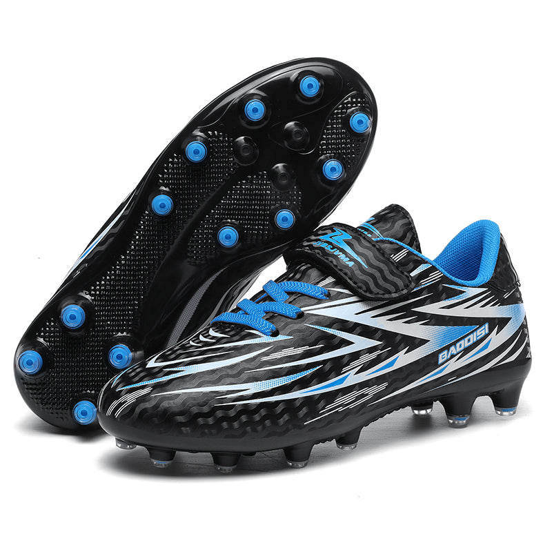 AG Soccer Cleats, Velcro Easy-On Hidden Elastic Laces Wavy Texture Synthetic Football Boots, Sharp Arrow Graphic BAODISI Logo Lightweight Youth Competition Cleats for Outdoor Long-Blade Artificial Turf Matches-zusheng196