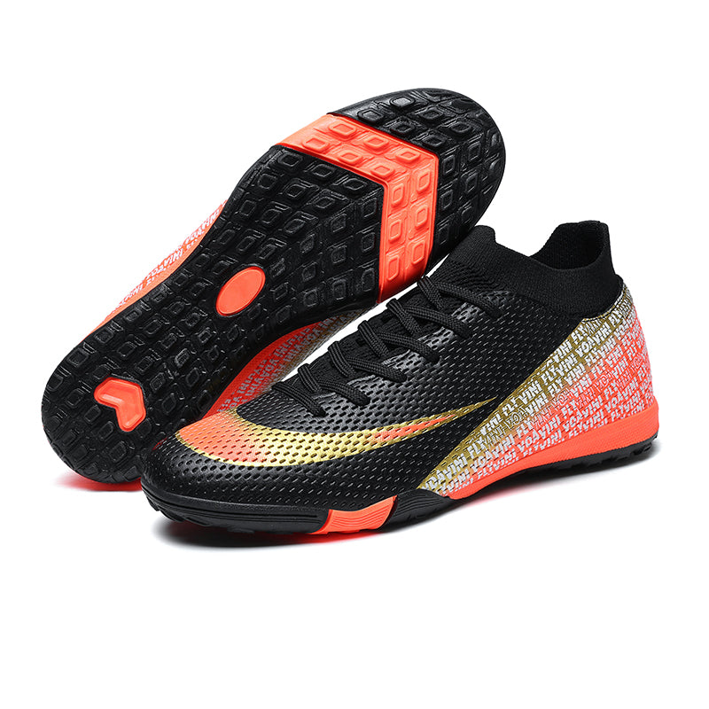 TF High-Top Turf Soccer Cleats, Artificial Grass Football Shoes, Breathable Knit Collar Text Print Training Sneakers for Synthetic Turf (Multiple Colors)-Yinzu563